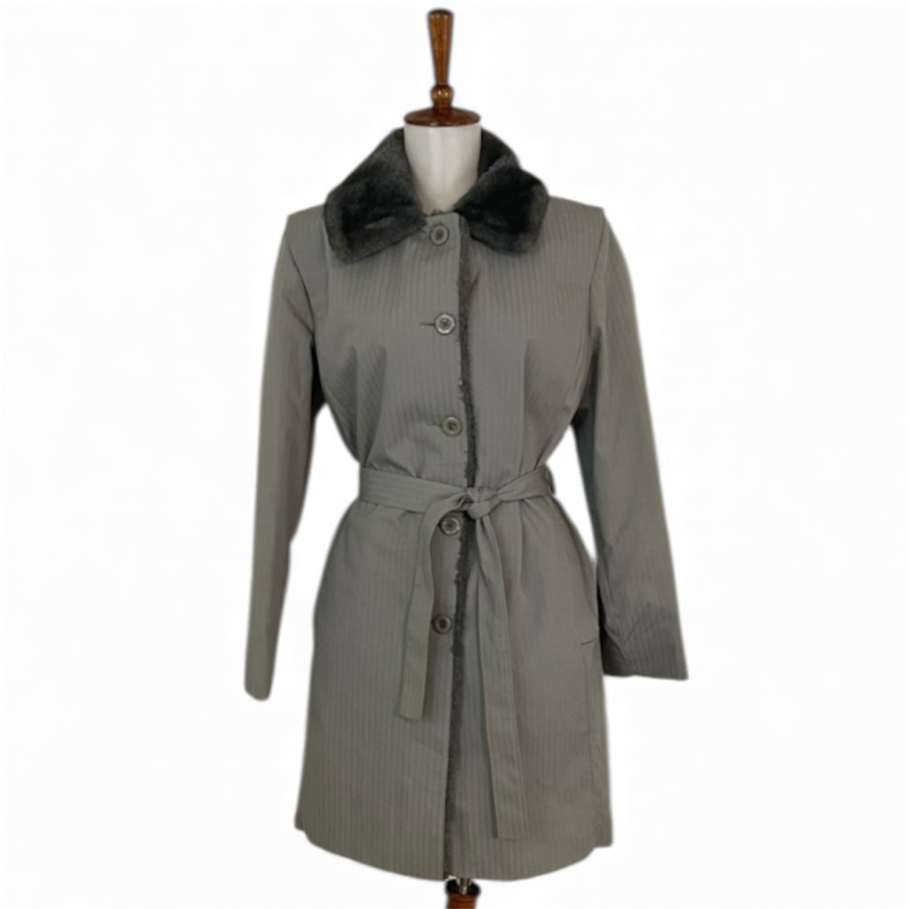 Vintage 70s Faux Fur Pinstripe Coat Women’s M Belted Button Down
